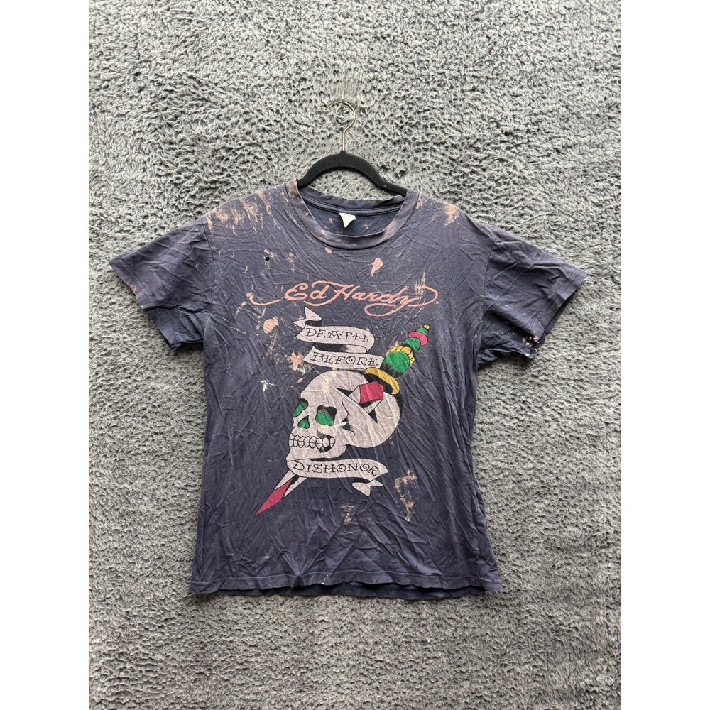 Y2k Ed Hardy Death Before Dishonor Graphic Crewneck T-Shirt Gray Mens Size S/M
